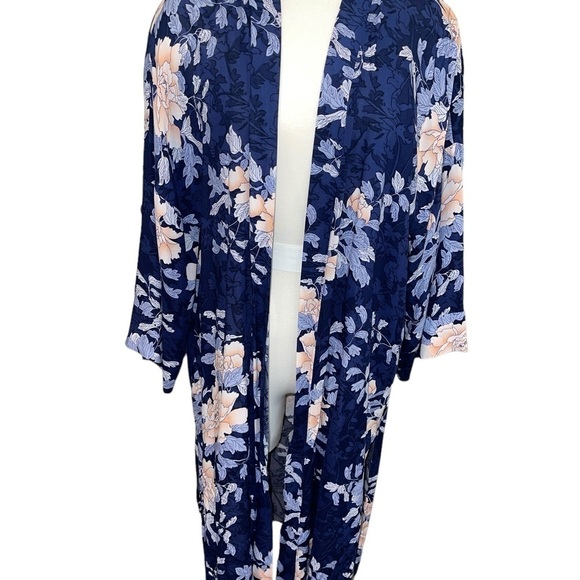 Umgee Women's Caftan Size M Blue Floral Print 3/4 Sleeves Kimono Open Boho - Picture 3 of 9